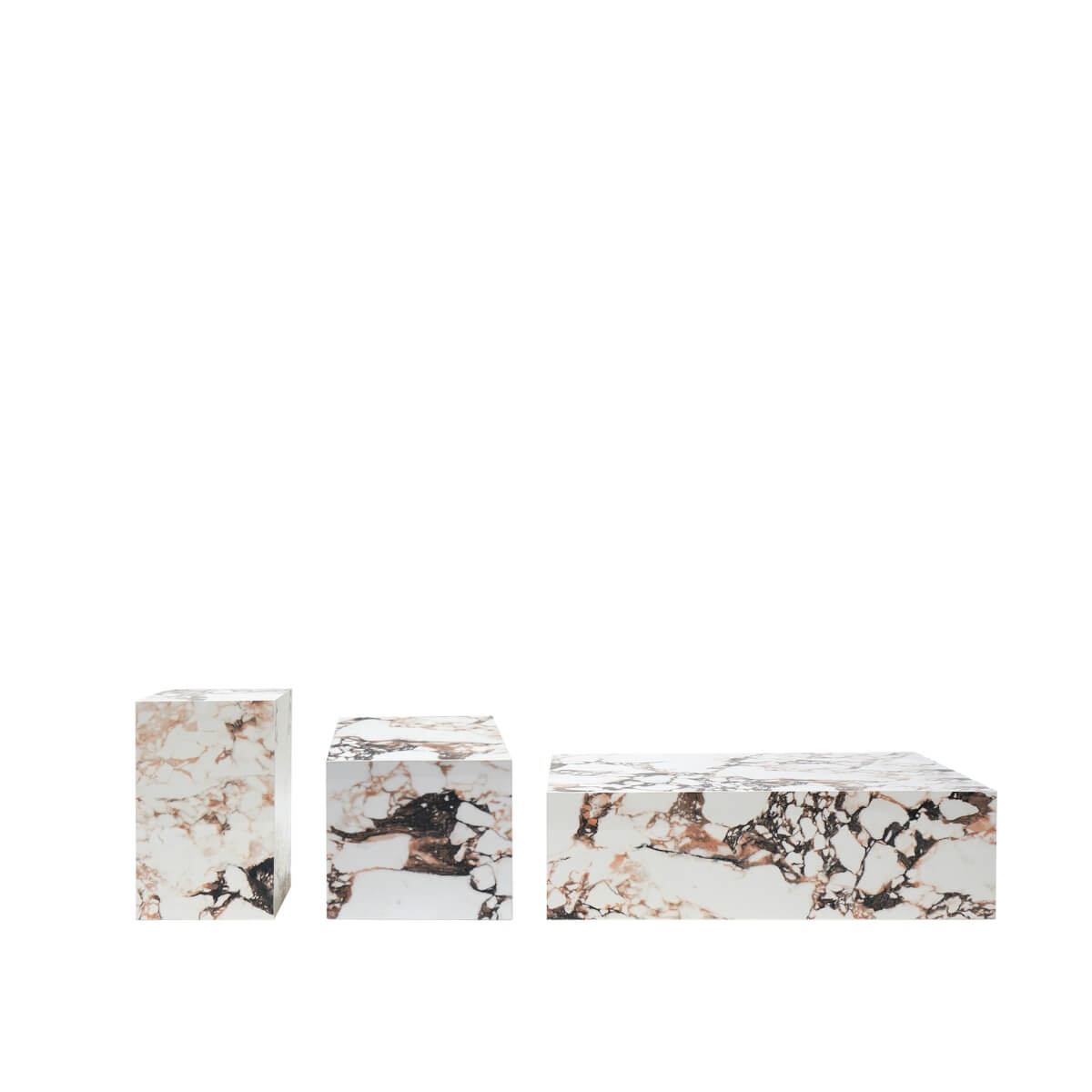 Front view of Calacatta Viola marble stone coffee table set showcasing modern luxury design