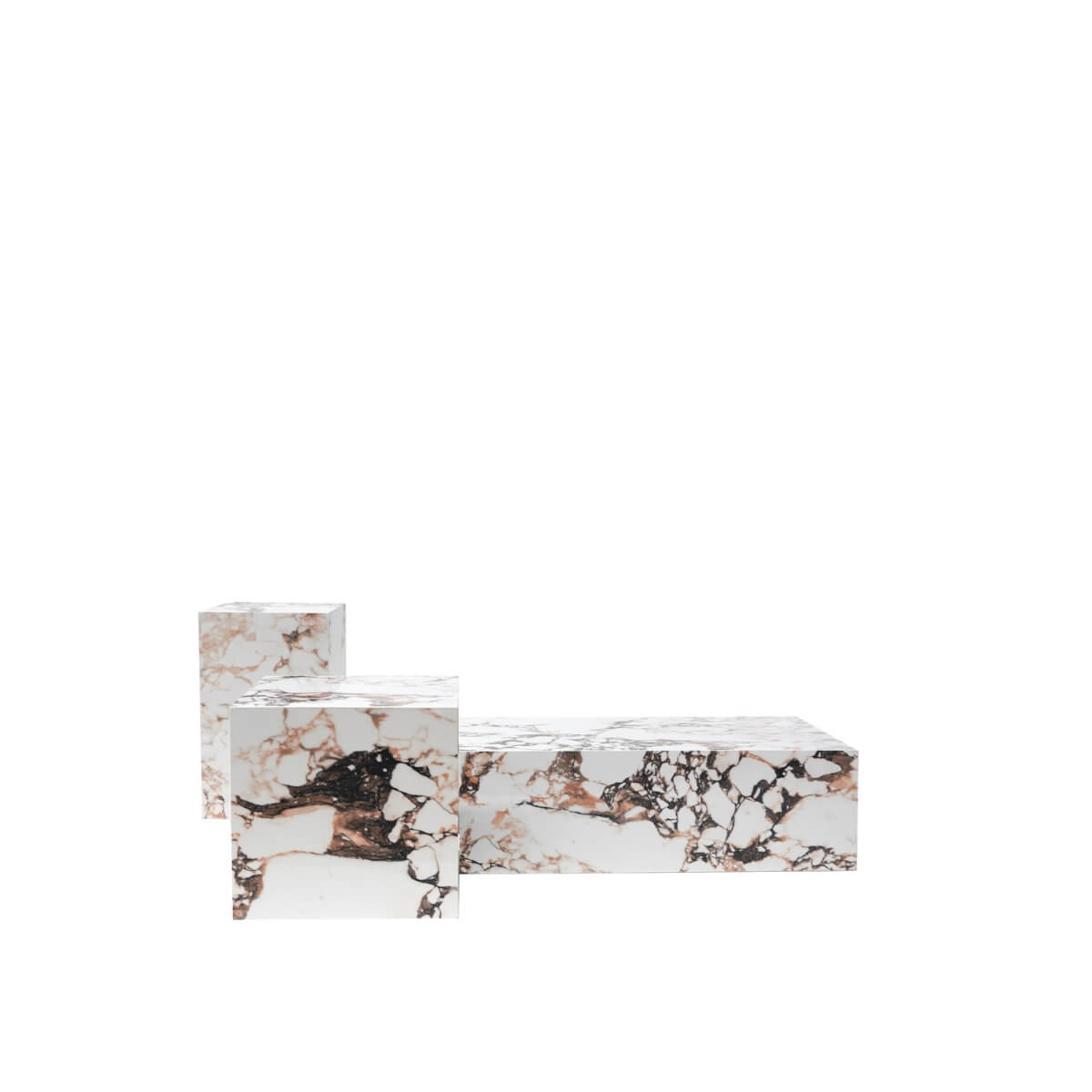 Front view of Calacatta Viola marble stone coffee table set showcasing modern luxury design