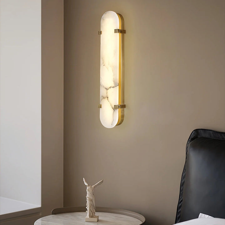 Calla alabaster wall sconce on living room wall view, modern elegant decorative wall lighting