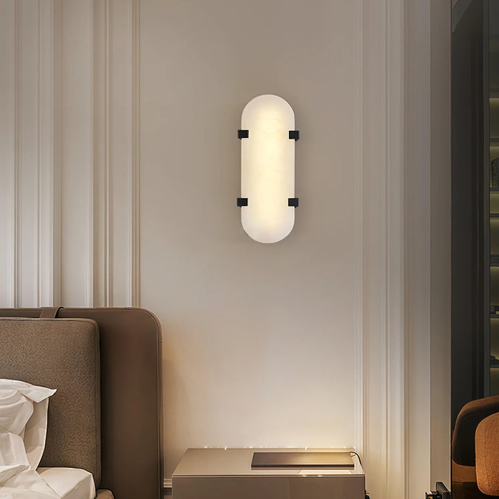 Calla alabaster wall sconce close below view, modern elegant decorative wall light for interiors