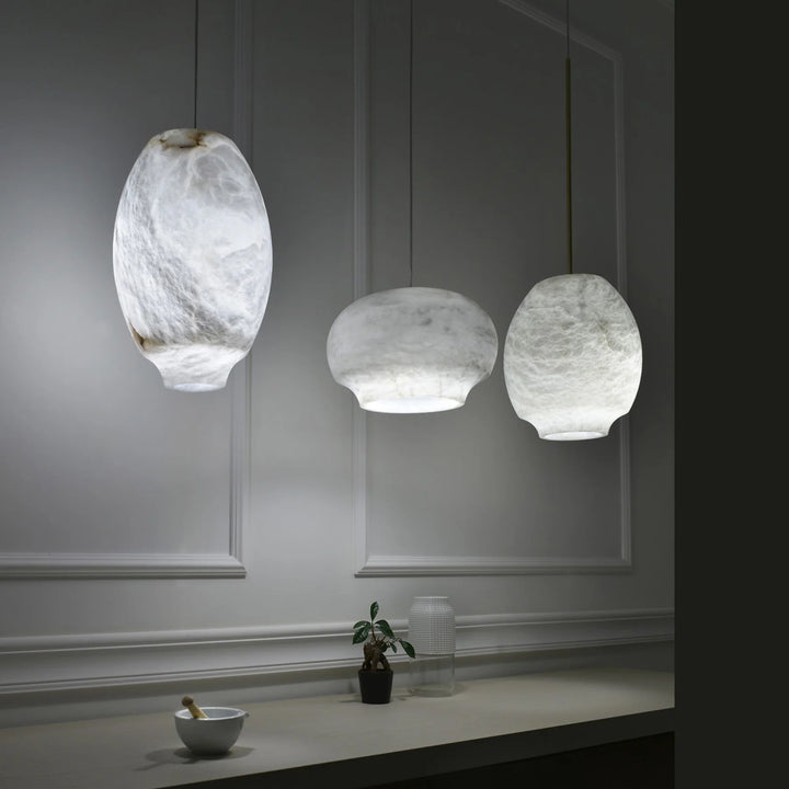 Camille Alabaster Pendant Lamp, 3 sizes, side view, stylish modern lighting for home