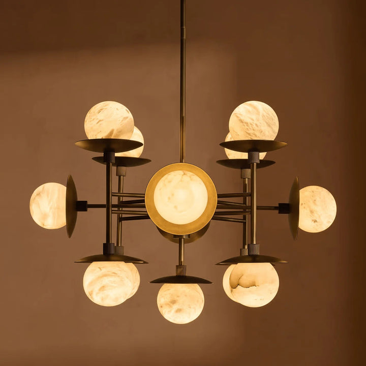 Cara chandelier luxury ceiling light front view with dimensions showcasing elegant crystals and modern design