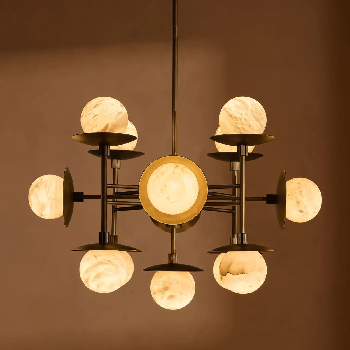 Cara chandelier luxury ceiling light front view with dimensions showcasing elegant crystals and modern design