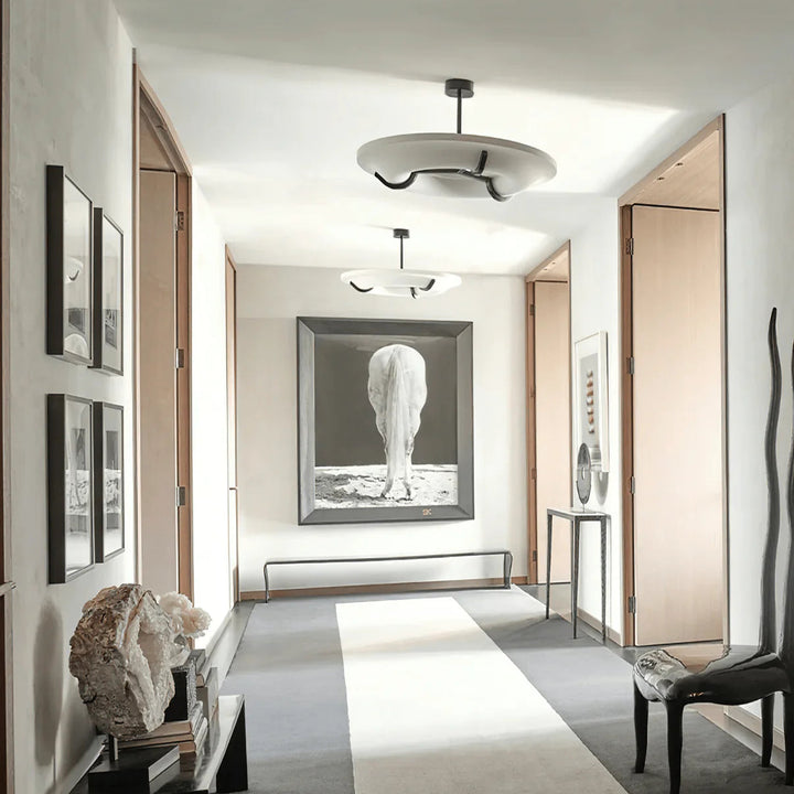 Carve Alabaster modern pendant light corridor front view, elegant contemporary design for stylish home interiors