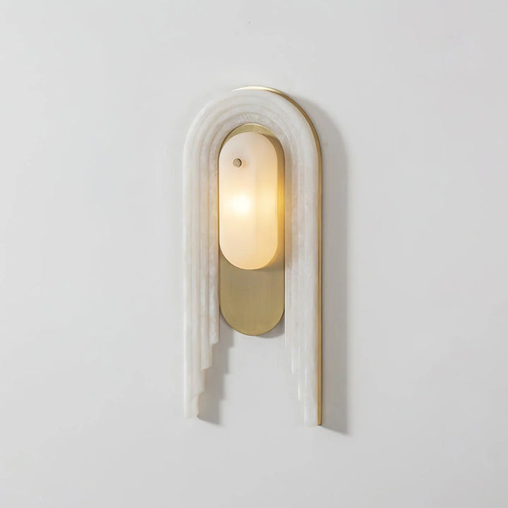 Cascada wall sconce front angle view with alabaster shade and gold metal, elegant lighting fixture
