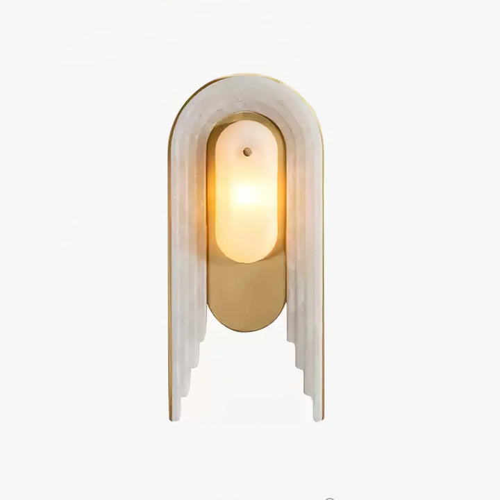 Cascada wall sconce front view with alabaster shade and gold metal accents, modern elegant design