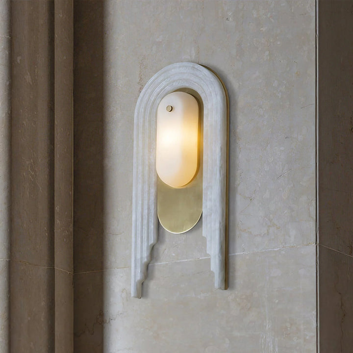 Cascada wall sconce side angle view with alabaster shade and gold metal accents, modern luxury light