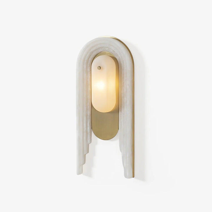 Cascada wall sconce front angle view with alabaster shade and gold metal accents, elegant lighting