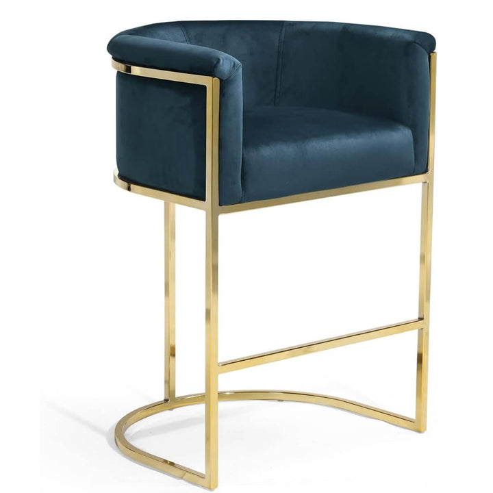 Side view of Celeste Curve bar stool with cream microfiber upholstery and gold frame, showcasing modern elegant design