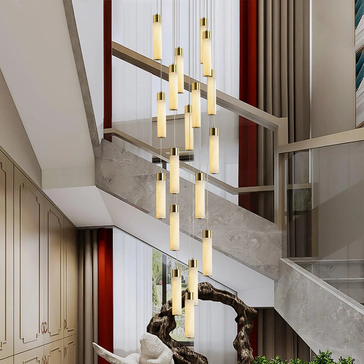 Celestial Alabaster Cascade chandelier – modern hanging light fixture in living room view