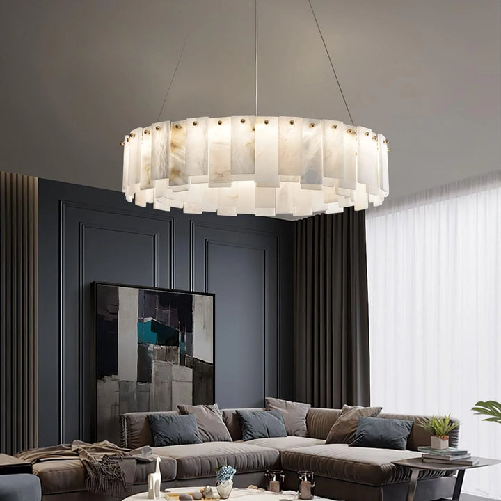Front view of Celestial alabaster round chandelier for luxury and elegant home lighting