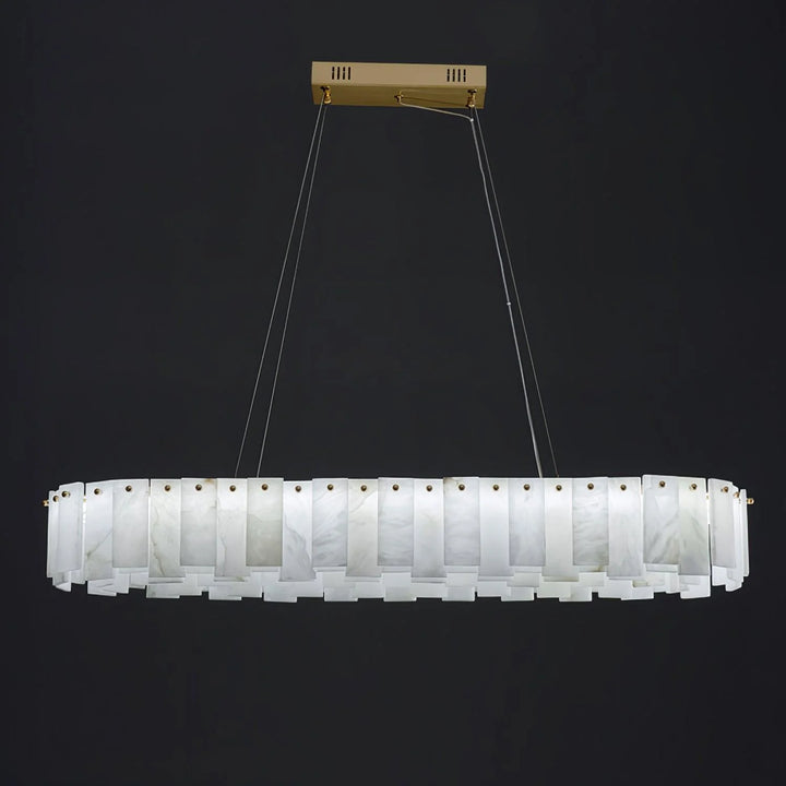 Oval front view of Celestial alabaster round chandelier for luxury and elegant lighting