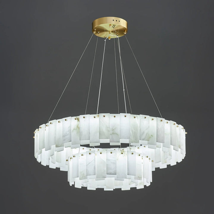 Two-layer hanging view of Celestial alabaster round chandelier for luxury home lighting
