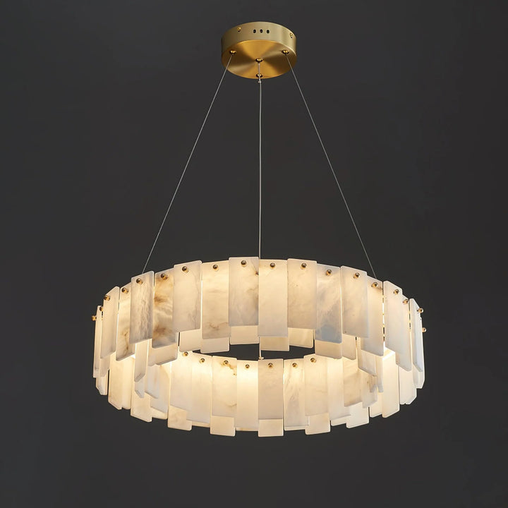 Hanging front view of Celestial alabaster round chandelier for luxury home lighting