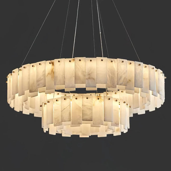 Close-up of two-layer Celestial alabaster round chandelier for luxury home lighting