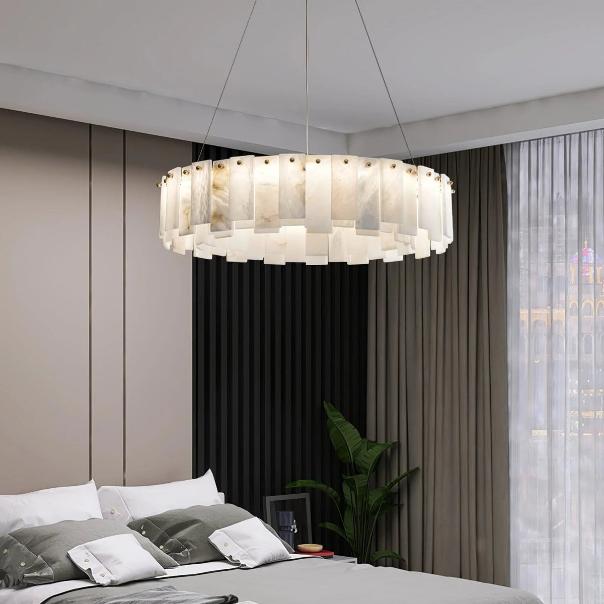 Celestial alabaster round chandelier in luxury bedroom, elegant ambient lighting design