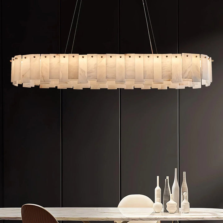 Front view of Celestial Alabaster Round Chandelier, luxury lighting, elegant interior décor