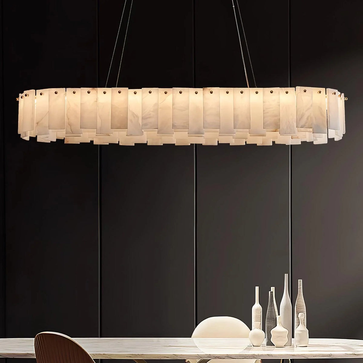 Front view of Celestial Alabaster Round Chandelier, luxury lighting, elegant interior décor