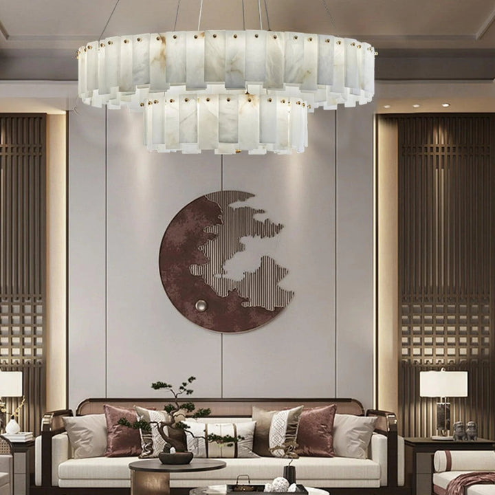 Celestial Alabaster Round Chandelier in luxury living room, elegant ambient lighting design