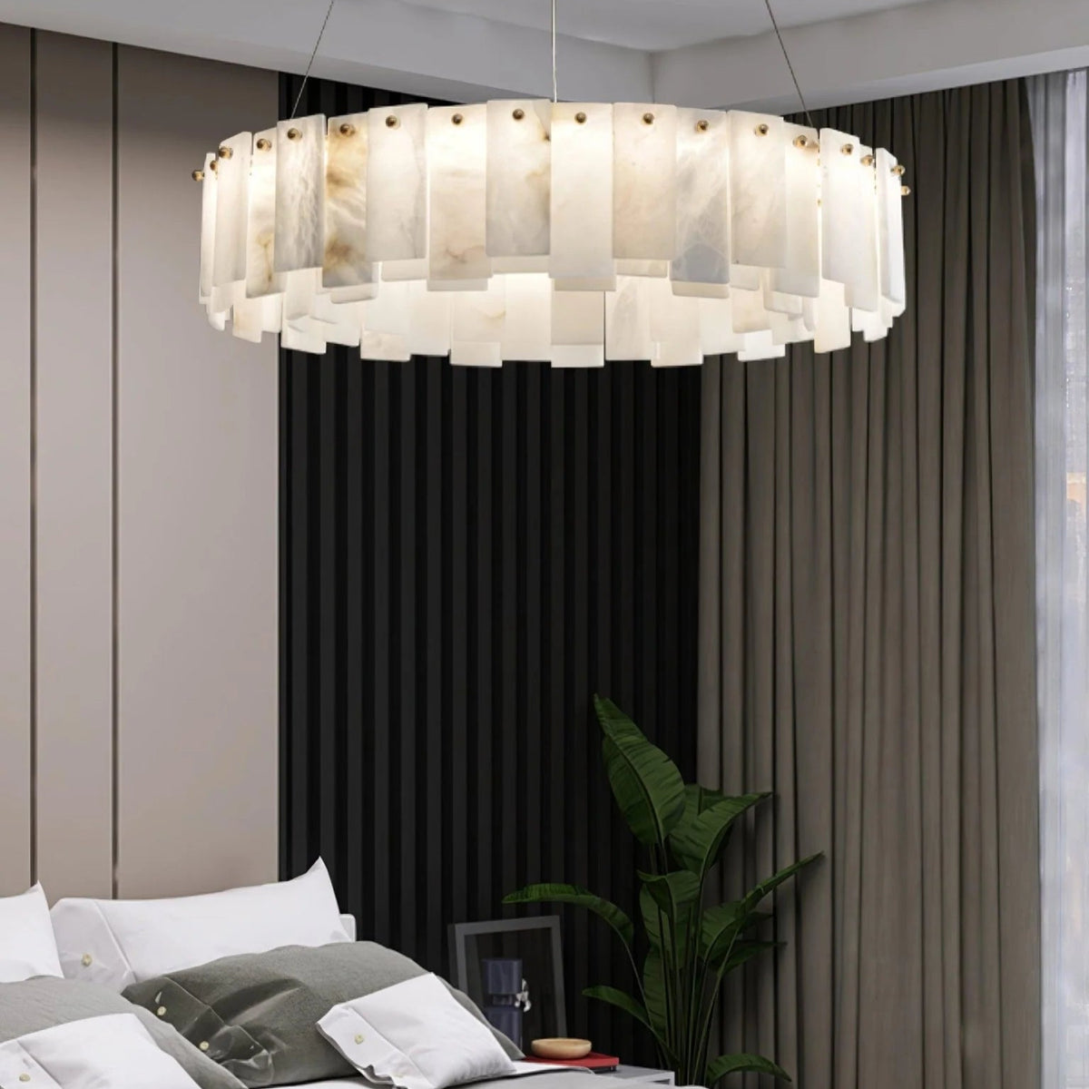 Celestial Alabaster Round Chandelier in luxury bedroom, elegant ambient lighting interior view
