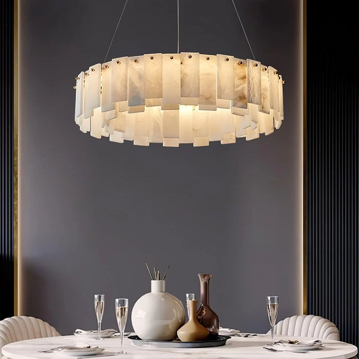 Celestial Alabaster Round Chandelier in luxury dining room, elegant ambient lighting interior view