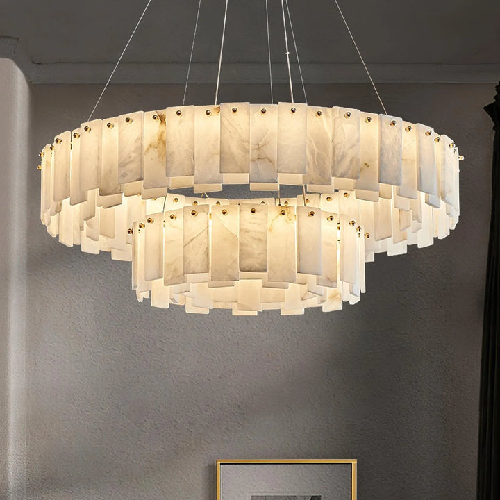 Front view of Celestial Alabaster Round Chandelier, two-layer design, luxury lighting interior