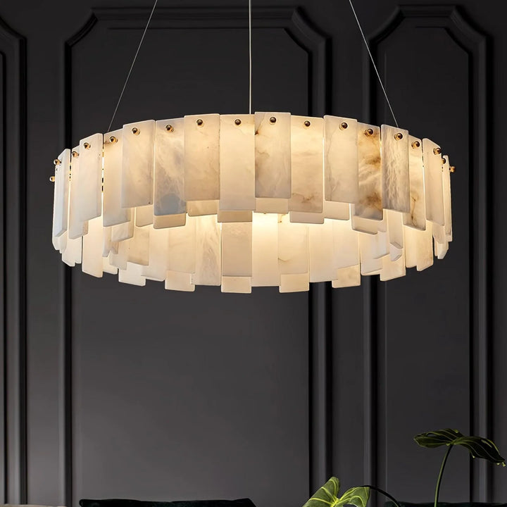 Hanging view of Celestial Alabaster Round Chandelier, luxury lighting, elegant interior décor