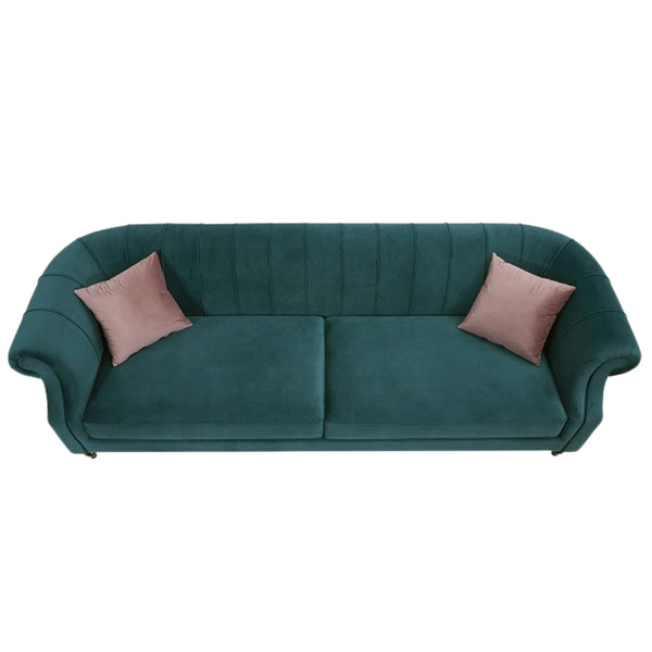 Top view of classic 4-seater Chesterfield sofa in elegant living room setting