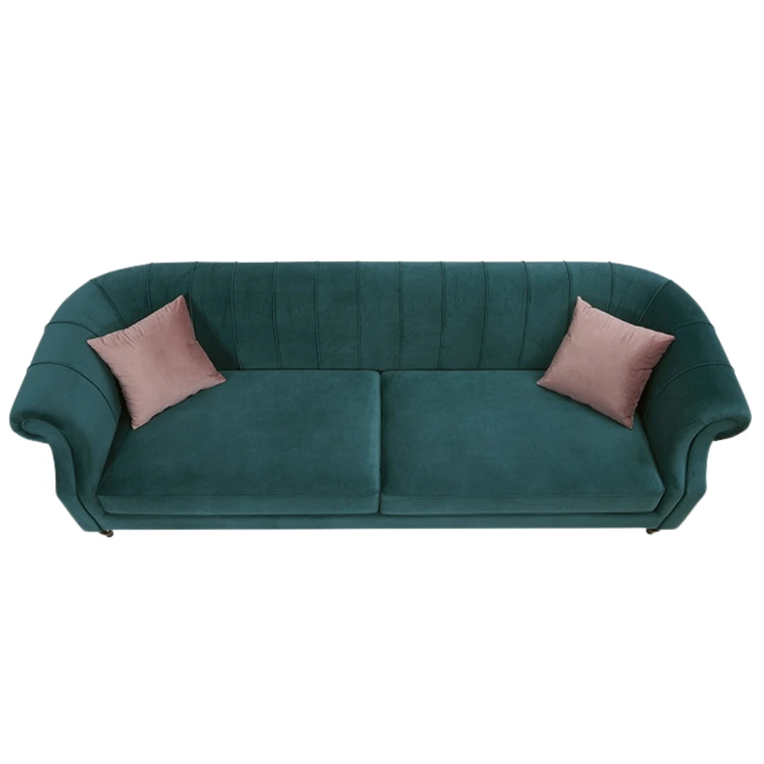 Top view of classic 4-seater Chesterfield sofa in elegant living room setting