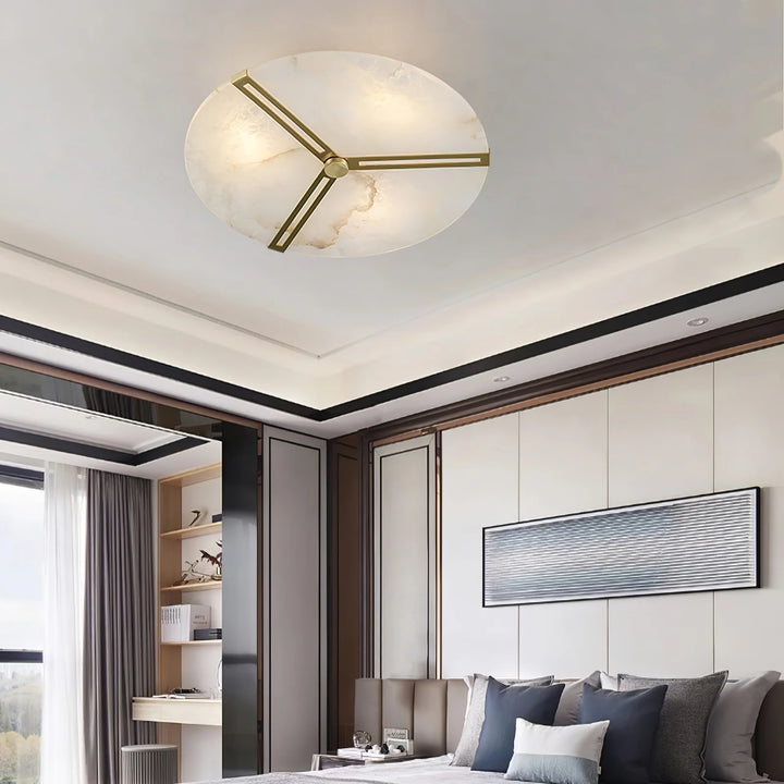 Modern alabaster clock ceiling light with brass accents, soft ambient lighting for living room
