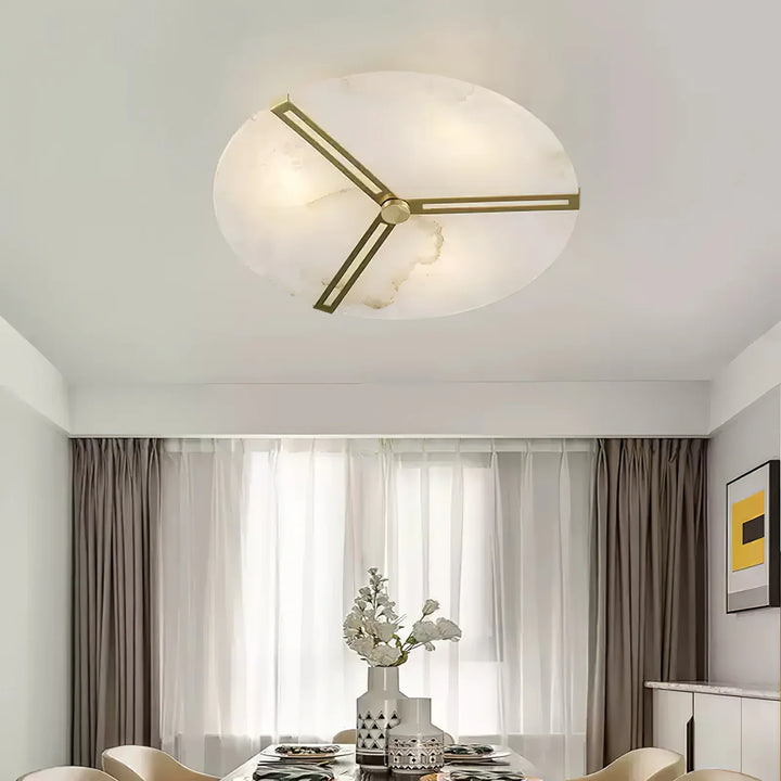 Luxury clocks alabaster ceiling light with brass accents, warm ambient lighting in dining room