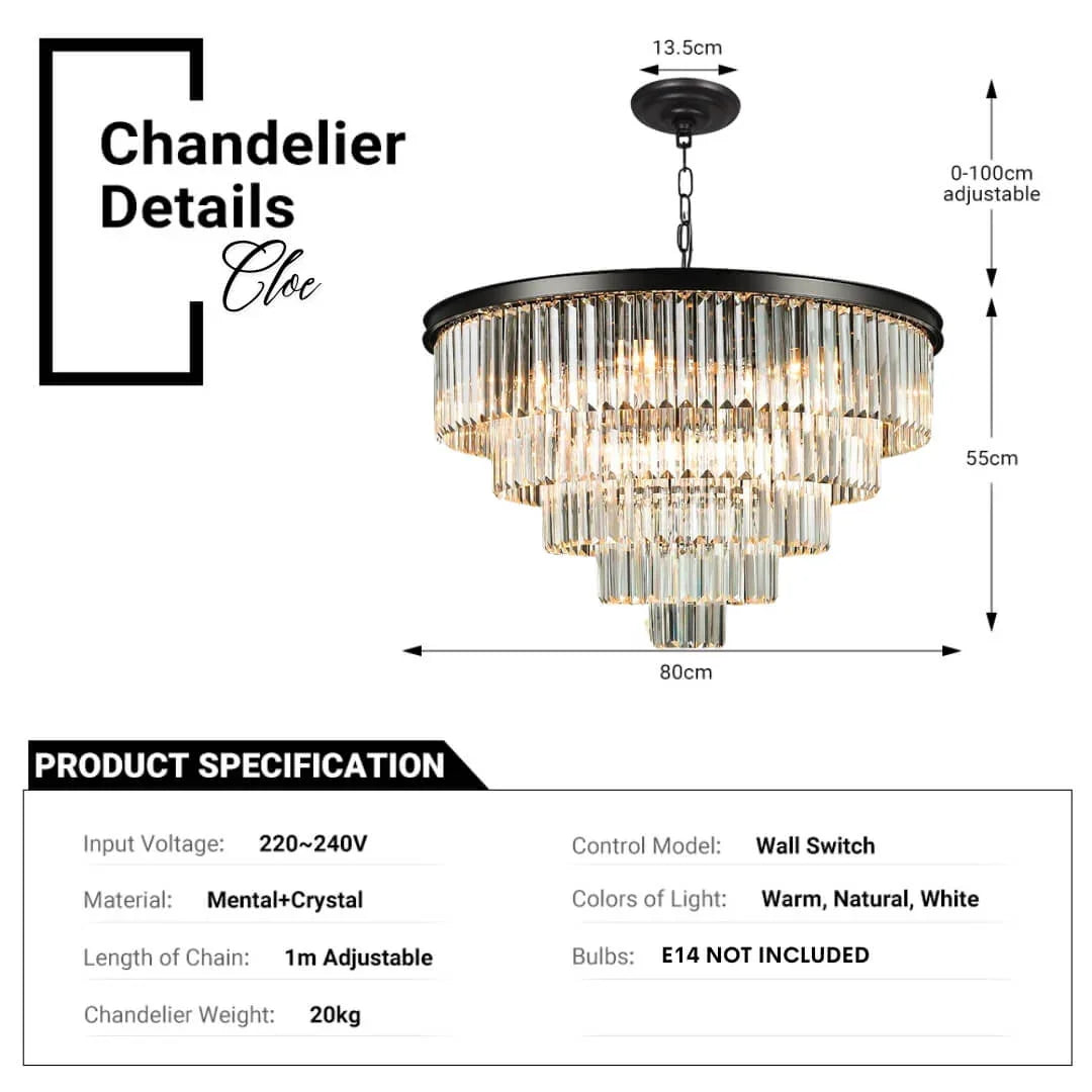 Cloe chandelier with stunning rectangular crystal prisms, elegant interior, adjustable 13.5cm - 100cm, 55cm, 80cm length. 220-240V, wall switch control, metal &amp; crystal material, warm, natural, and white light colors. 1m adjustable chain, E14 bulbs not included, weighs 20kg