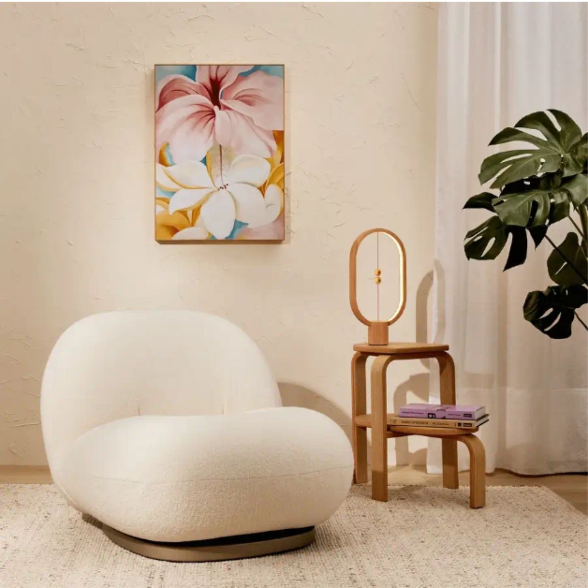 Angle view of cloud swivel lounge chair featuring modern design and comfortable cushioning