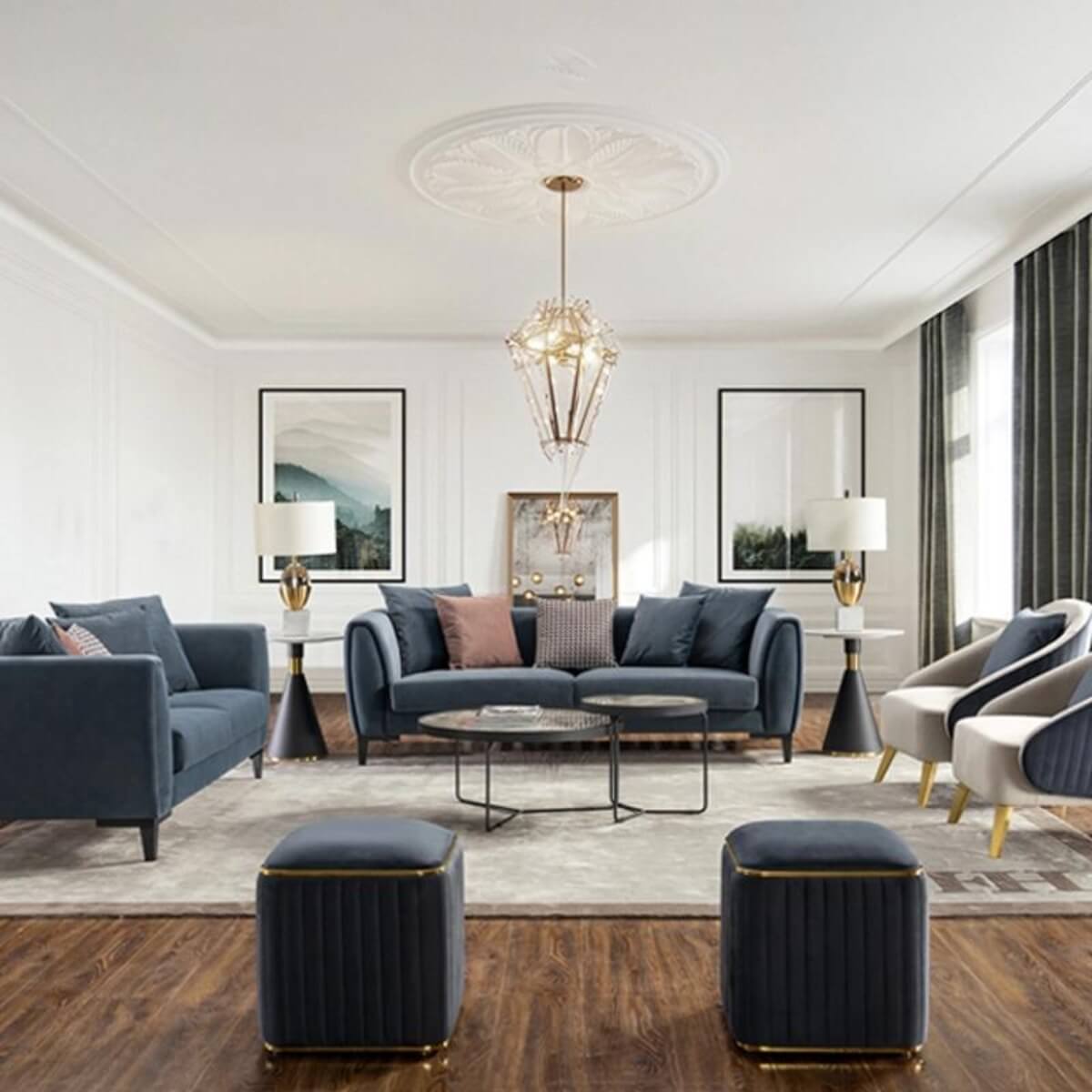 Coastal Charm custom KS171 three-seater sectional velvet sofa set featuring plush cushions and sleek design
