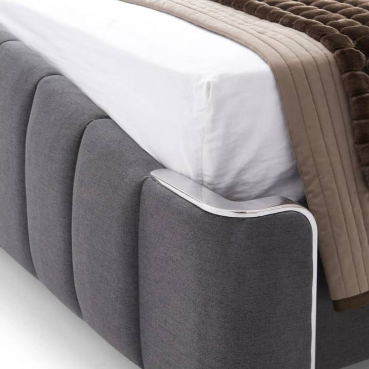 Close-up of lower side corner of comfortable Seraphic Slumber velvet KB35 1.8M bed showing plush velvet upholstery and sturdy frame