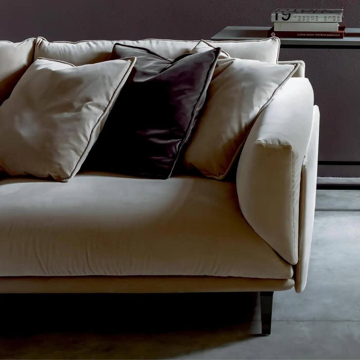 Cotton linen Arflex Faubourg sofa with modern design, angled side view