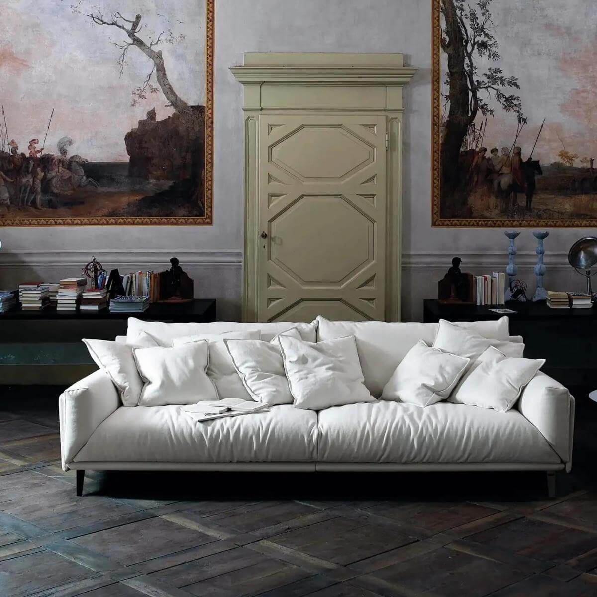 Modern cotton linen Arflex Faubourg sofa featuring sleek lines and stylish profile