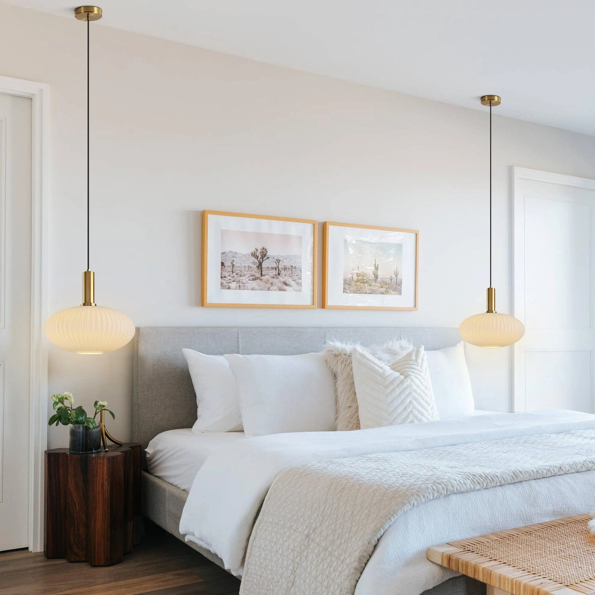 30 cm cozy glow pendant light with matte gold shade, ideal for creating a serene bedroom ambiance