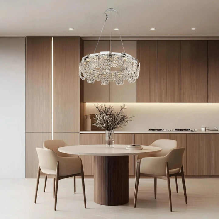Crystal Cascade white chandelier, an elegant and luxurious lighting solution for dining spaces.