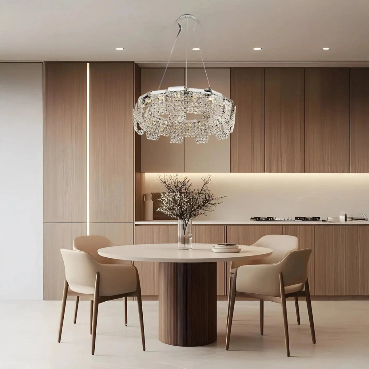 Crystal Cascade white chandelier, an elegant and luxurious lighting solution for dining spaces.