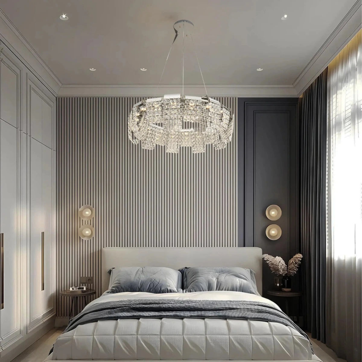 Crystal Cascade white chandelier, perfect elegant lighting for a sophisticated bedroom setting.