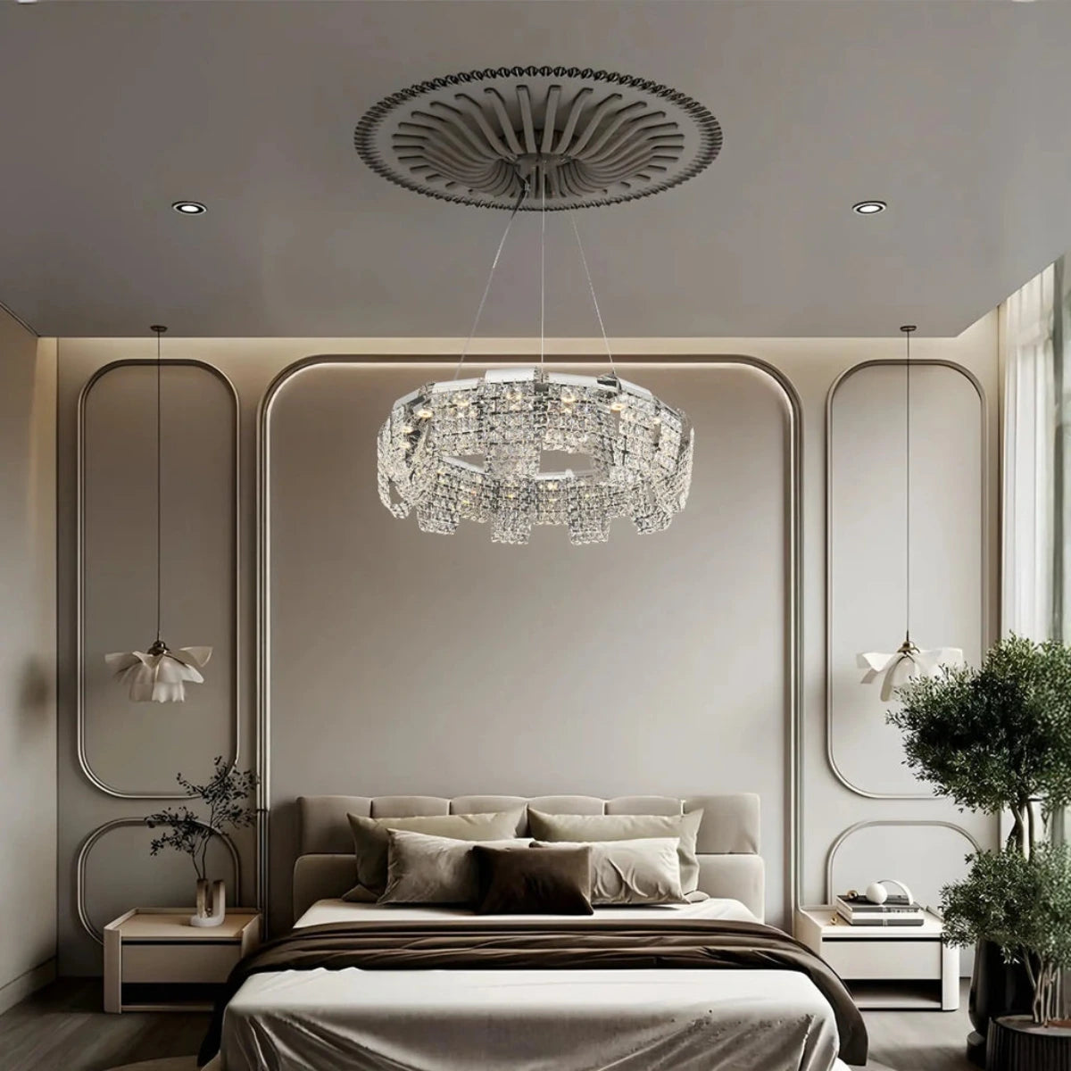 Crystal Cascade chandelier in white, elegant lighting solution for a luxurious bedroom decor.