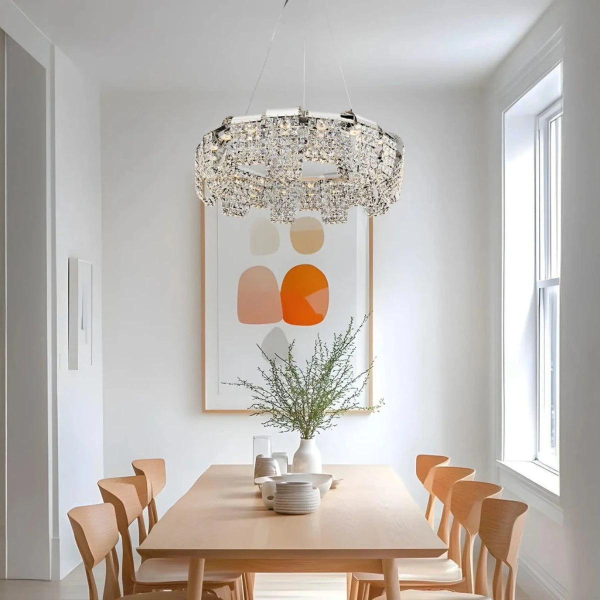 Crystal Cascade white chandelier, elegant lighting fixture perfect for dining area decor.