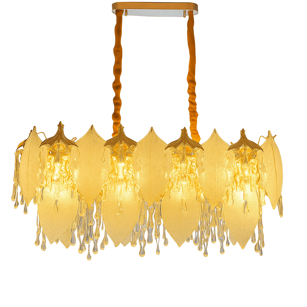 Side view of Crystal Leaf chandelier featuring K9 glass leaves and adjustable chain in a luxury lighting setupSide view of Crystal Leaf chandelier featuring K9 glass leaves and adjustable chain in a luxury lighting setup.