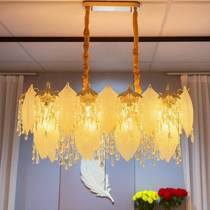 Front view of Crystal Leaf chandelier with K9 glass leaves and adjustable chain, showcasing elegant luxury lighting design