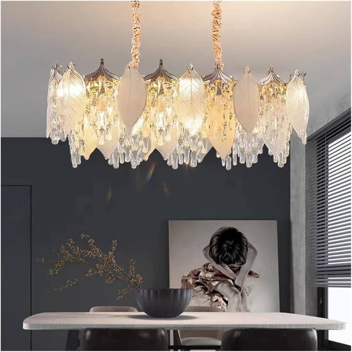 Side view of Crystal Leaf chandelier featuring K9 glass leaves and adjustable chain in a luxury lighting setupSide view of Crystal Leaf chandelier featuring K9 glass leaves and adjustable chain in a luxury lighting setup.