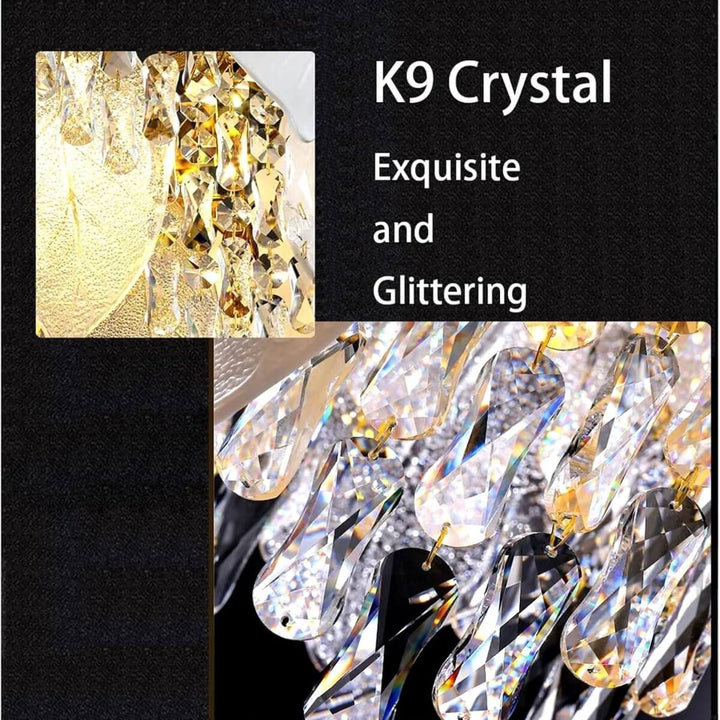 Close-up view of Crystal Leaf chandelier showcasing K9 glass leaves and adjustable chain in luxury lighting design