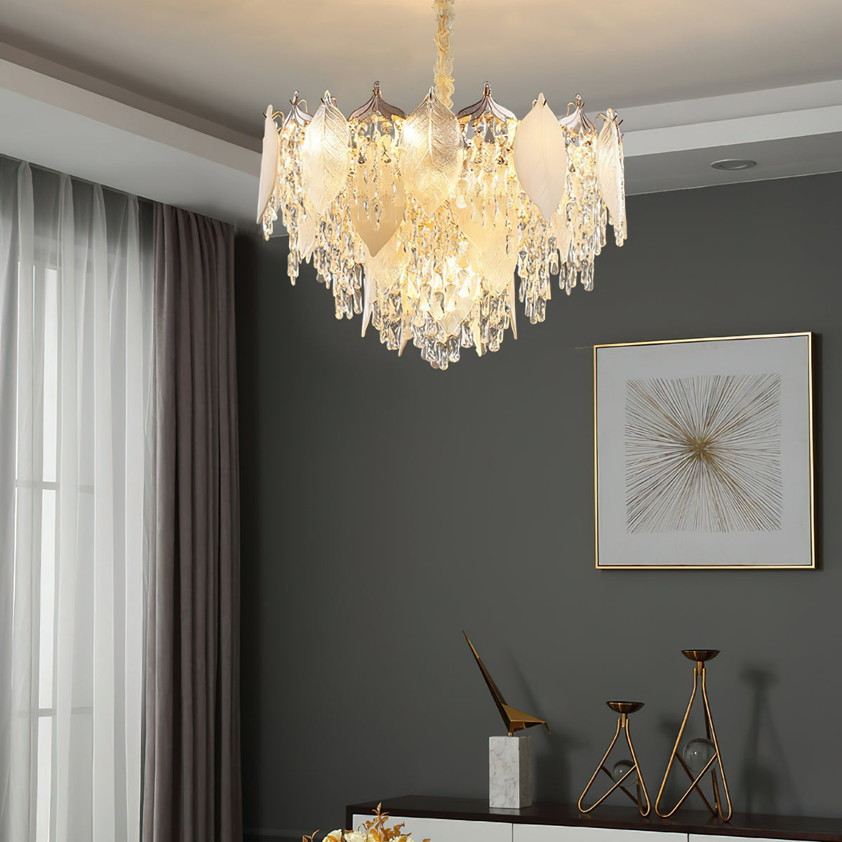 Close-up detailed view of crystal leaf chandelier light in luxury setting, showcasing sparkling crystals and refined design elements