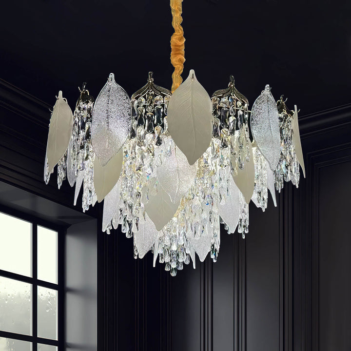 Front view of crystal leaf chandelier light in luxury room, featuring intricate leaf-shaped crystals and elegant sparkling design.