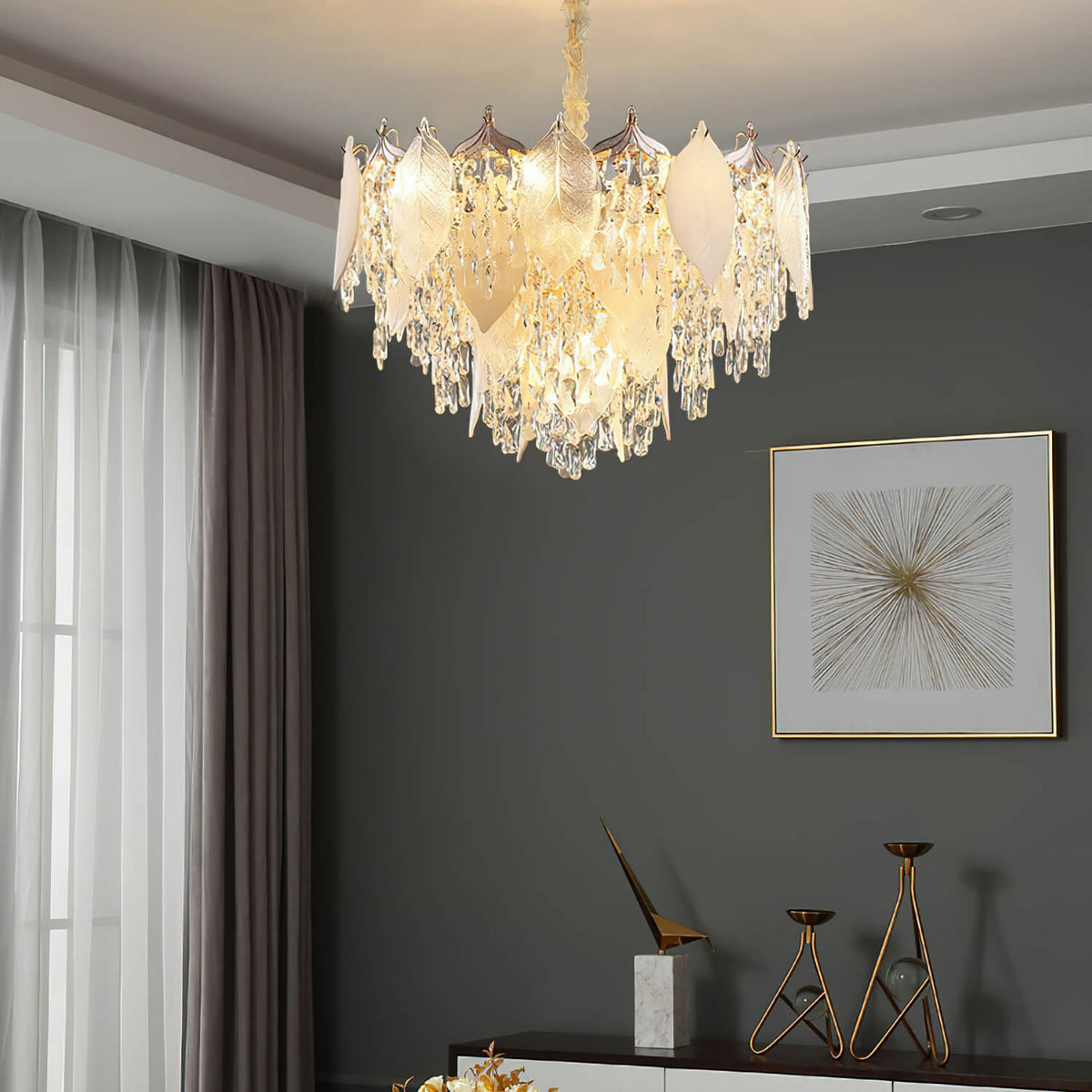 Crystal leaf chandelier light in luxury living room, adding elegant sparkle and nature-inspired design to the sophisticated space.